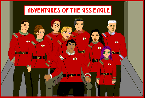 Cast Shot: Image of the crew of the USS Eagle, a Star Trek sim, based on the Original Series Movies, wearing the TOS movie red uniforms and gathered on the bridge